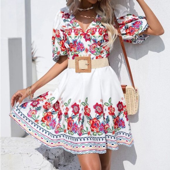 Boho Floral Print Puff Sleeve Dress Without Belt - Picture 2 of 5